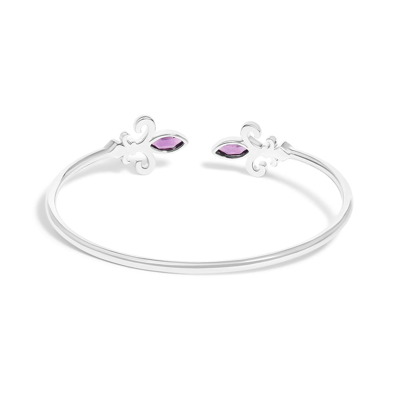 Bids.com .925 Sterling Silver 8X4MM Marquise Purple Amethyst and Diamond Accent Fleur Di Lis Open Cuff Bangle (I-J Color, I1-I2 Clarity) - 7" Bracelets