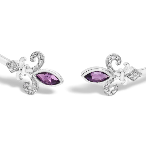 Bids.com .925 Sterling Silver 8X4MM Marquise Purple Amethyst and Diamond Accent Fleur Di Lis Open Cuff Bangle (I-J Color, I1-I2 Clarity) - 7" Bracelets