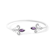 Bids.com .925 Sterling Silver 8X4MM Marquise Purple Amethyst and Diamond Accent Fleur Di Lis Open Cuff Bangle (I-J Color, I1-I2 Clarity) - 7" Bracelets