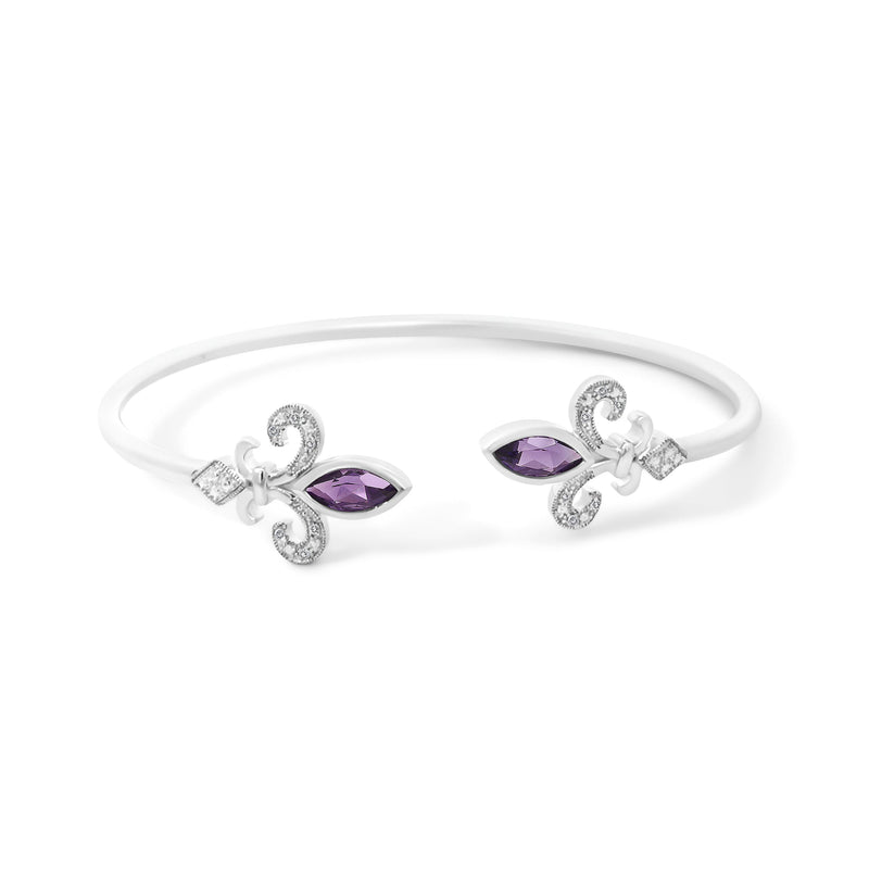 Bids.com .925 Sterling Silver 8X4MM Marquise Purple Amethyst and Diamond Accent Fleur Di Lis Open Cuff Bangle (I-J Color, I1-I2 Clarity) - 7" Bracelets