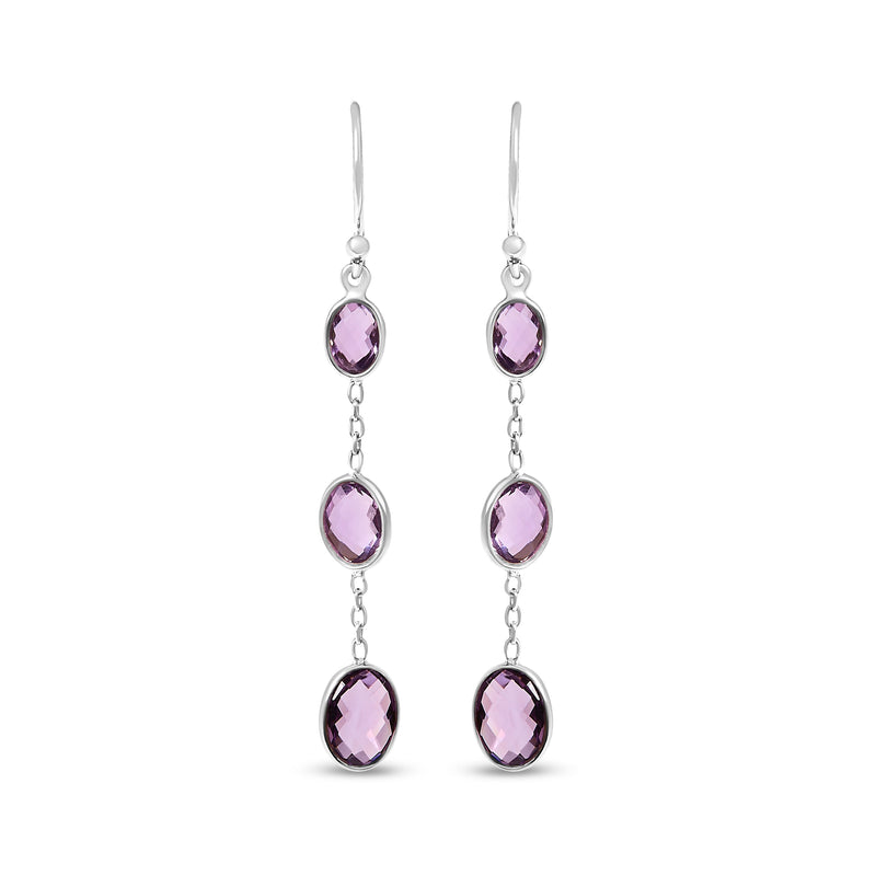 Bids.com .925 Sterling Silver Checkerboard Cut Oval Purple Amethyst 2" Inch Drop and Dangle Earrings Earrings