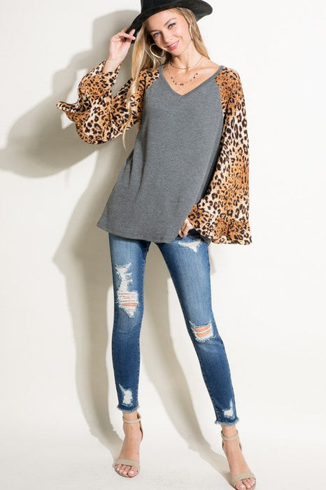 Plus Solid Cheetah Mixed Blouse Top