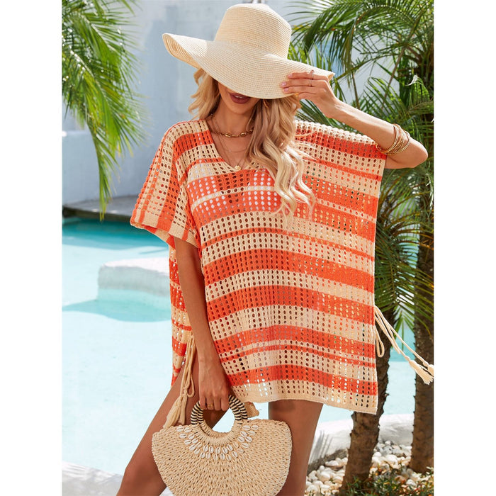 Tassel Openwork Striped V-Neck Cover Up