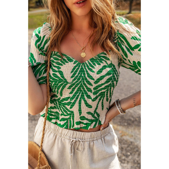 Smocked Printed Short Sleeve Blouse