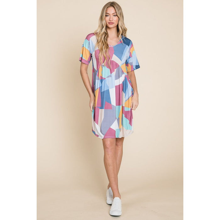 BOMBOM Ruched Color Block Short Sleeve Dress