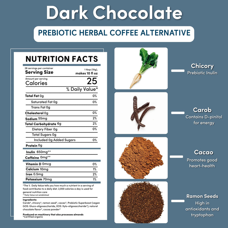 Teeccino Dark Chocolate Prebiotic SuperBoost Herbal Coffee Herbal Coffee White Smoke 10 ounce ground,5lb ground,Trial Size