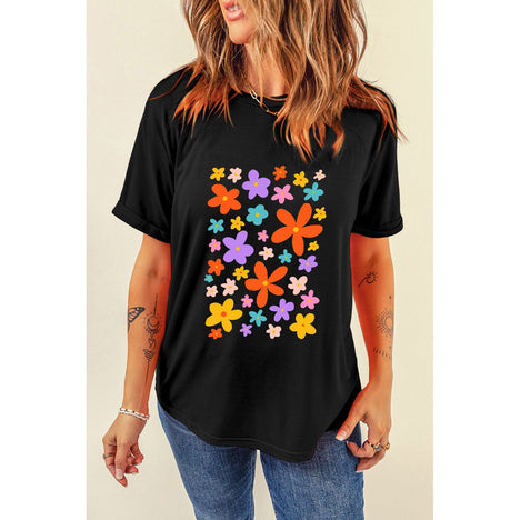 Flower Graphic Round Neck Short Sleeve T-Shirt