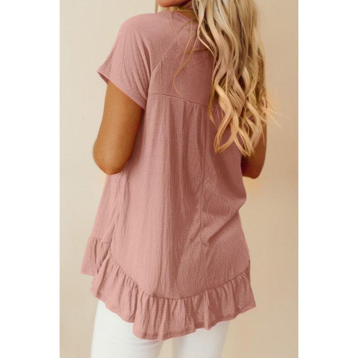 Ruffled Round Neck Short Sleeve Blouse