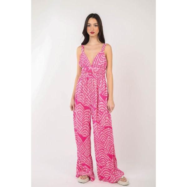 VERY J Printed Pleated Sleeveless Wide Leg Jumpsuit