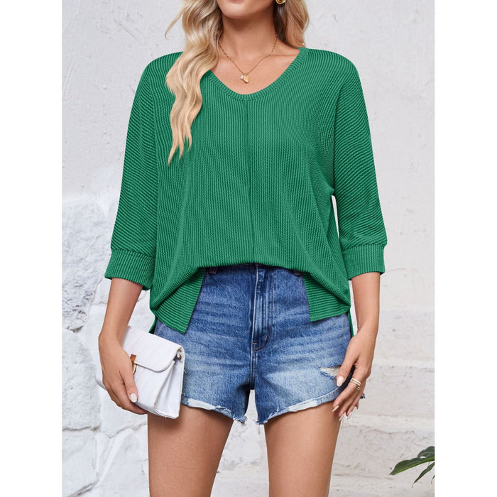 Textured Round Neck Three-Quarter Sleeve Blouse