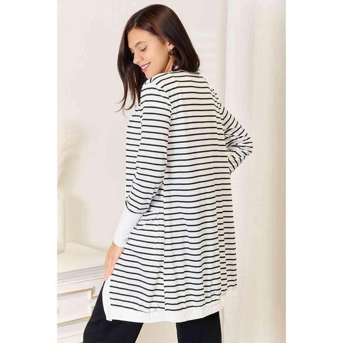 Double Take Striped Open Front Longline Cardigan