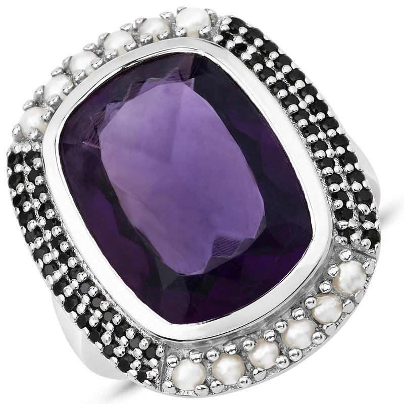 Bids.com 9.59 Carat Genuine Amethyst, Pearl and Black Spinel .925 Sterling Silver Ring Rings