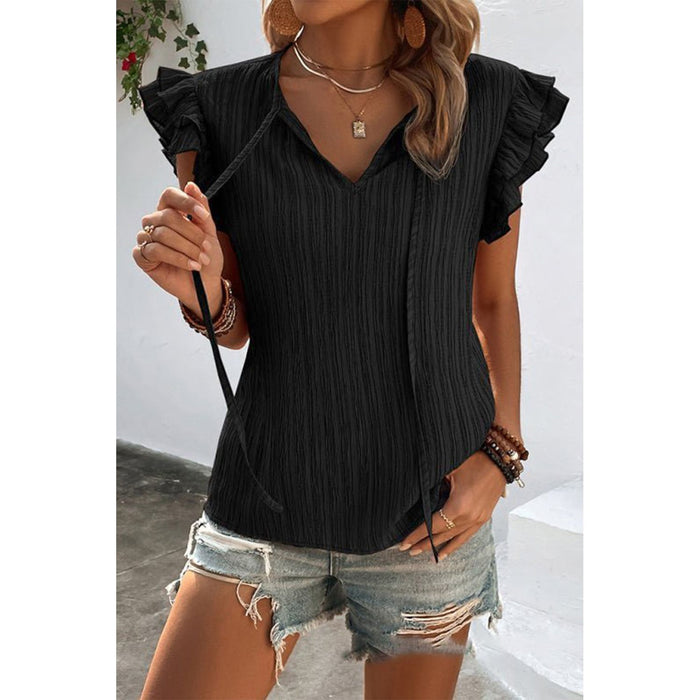 Ruffled Tie Neck Cap Sleeve Blouse