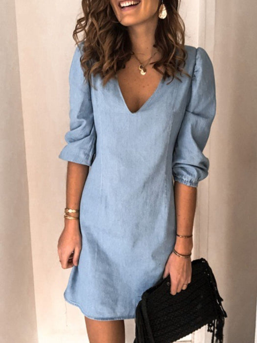 V-Neck Half Sleeve Denim Dress