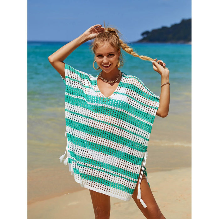 Tassel Openwork Striped V-Neck Cover Up