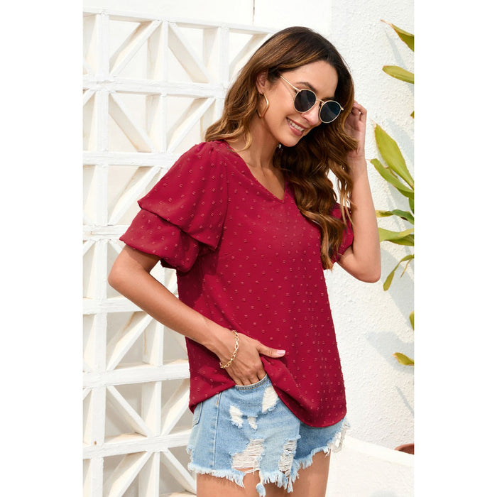 Swiss Dot V-Neck Short Sleeve Blouse