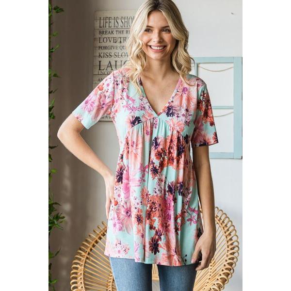 Heimish Floral V-Neck Short Sleeve Babydoll Blouse