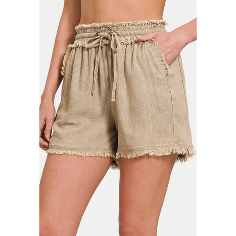 Zenana Washed Linen Frayed Hem Drawstring Shorts