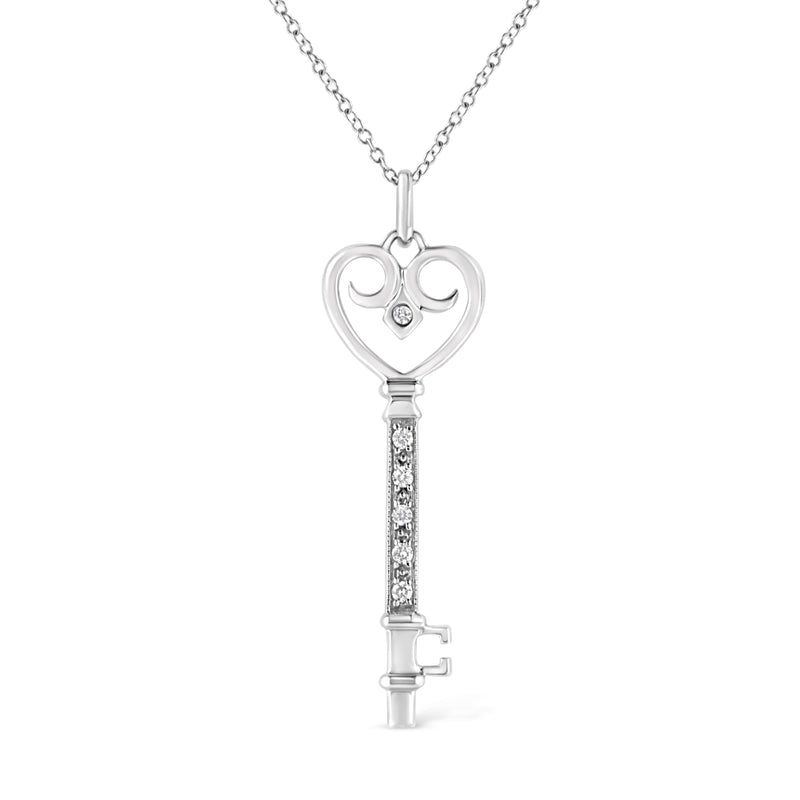 Bids.com .925 Sterling Silver Pave and Bezel-Set Diamond Accent Key 18" Heart and Lock Pendant Necklace (K-L Color, I1-I2 Clarity) Necklaces