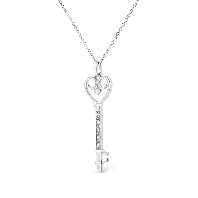 Bids.com .925 Sterling Silver Pave and Bezel-Set Diamond Accent Key 18" Heart and Lock Pendant Necklace (K-L Color, I1-I2 Clarity) Necklaces