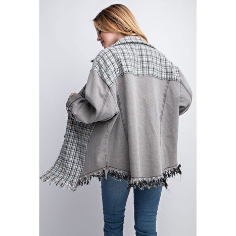 TWEED MIXED DENIM JACKET SHACKET WITH FRINGED HEM