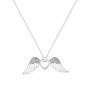 Bids.com .925 Sterling Silver Pave-Set Diamond Accent Angel Wing 18" Double Heart Pendant Necklace (I-J Color, I1-I2 Clarity) Necklaces