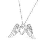 Bids.com .925 Sterling Silver Pave-Set Diamond Accent Angel Wing 18" Double Heart Pendant Necklace (I-J Color, I1-I2 Clarity) Necklaces