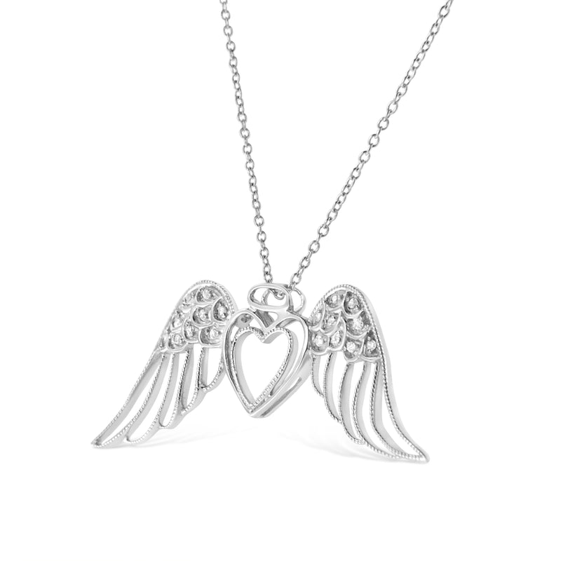 Bids.com .925 Sterling Silver Pave-Set Diamond Accent Angel Wing 18" Double Heart Pendant Necklace (I-J Color, I1-I2 Clarity) Necklaces