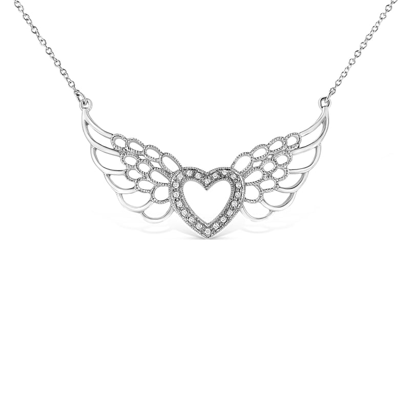 Bids.com .925 Sterling Silver Pave-Set Diamond Accent Fairy Wing 18" Heart Pendant Necklace (I-J Color, I1-I2 Clarity) Necklaces