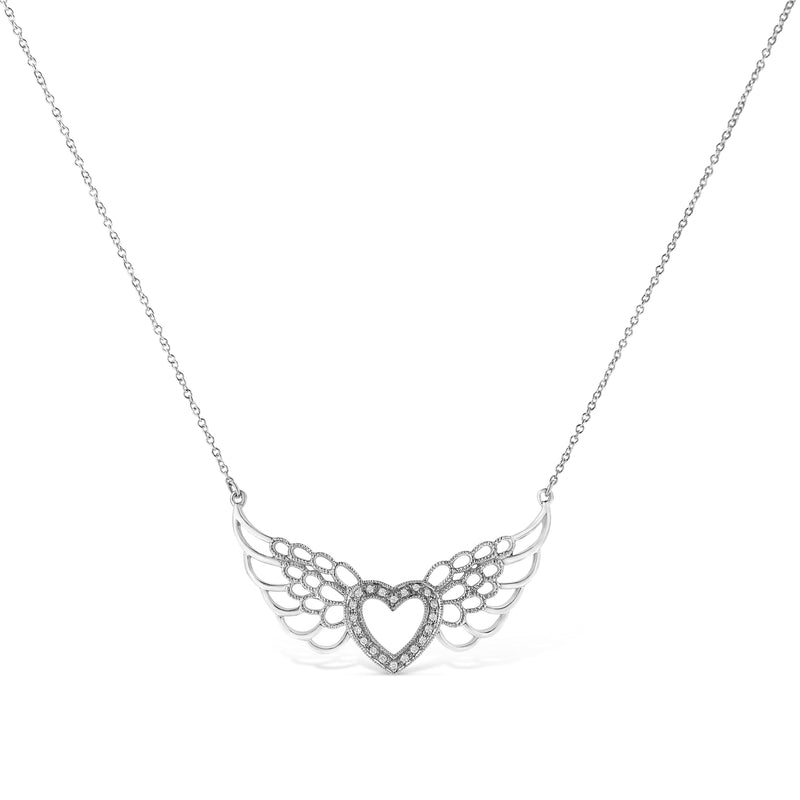 Bids.com .925 Sterling Silver Pave-Set Diamond Accent Fairy Wing 18" Heart Pendant Necklace (I-J Color, I1-I2 Clarity) Necklaces