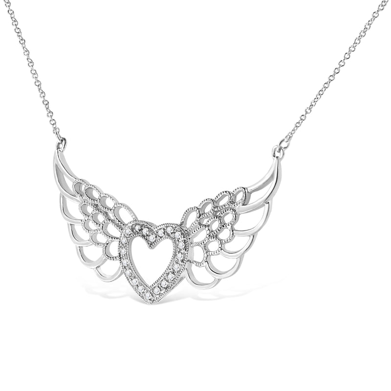 Bids.com .925 Sterling Silver Pave-Set Diamond Accent Fairy Wing 18" Heart Pendant Necklace (I-J Color, I1-I2 Clarity) Necklaces