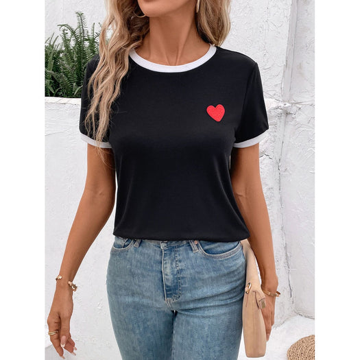 Heart Round Neck Short Sleeve T-Shirt