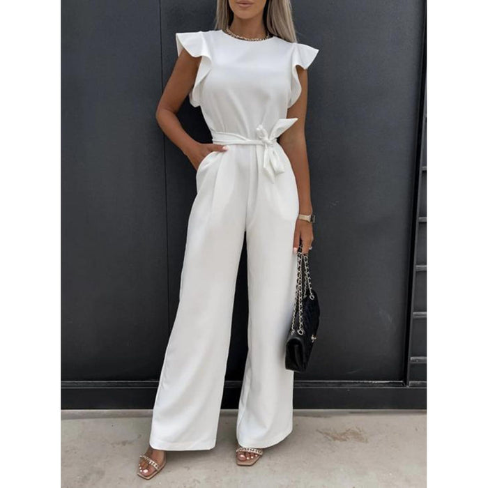 Ruffled Round Neck Cap Sleeve Jumpsuit