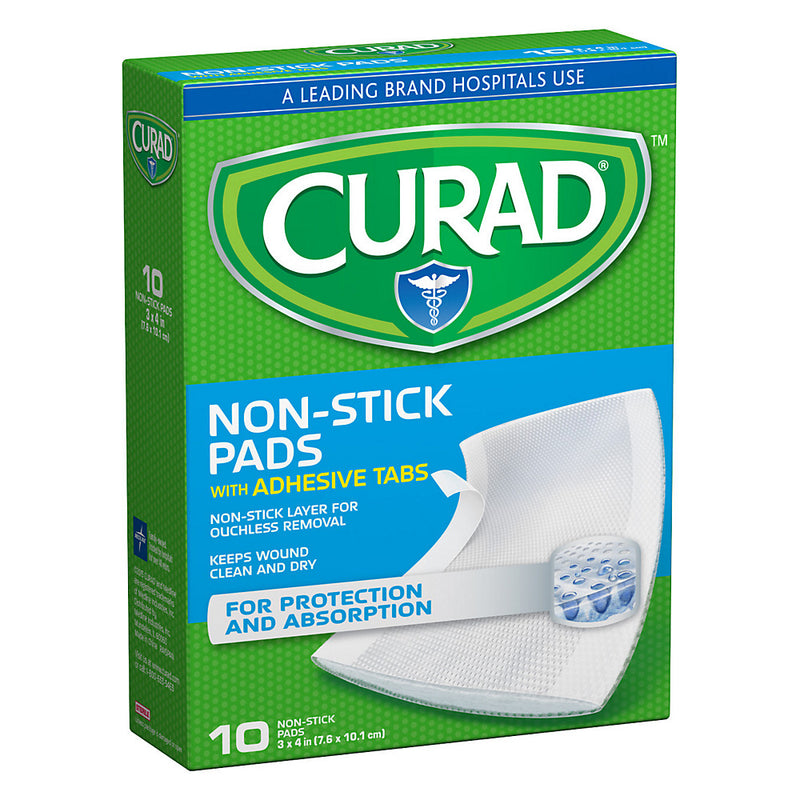Curad Curad Non-Stick Pads with Adhesive Tabs, Ouchless Wound Dressing – 3" x 4", 10 Count First Aid