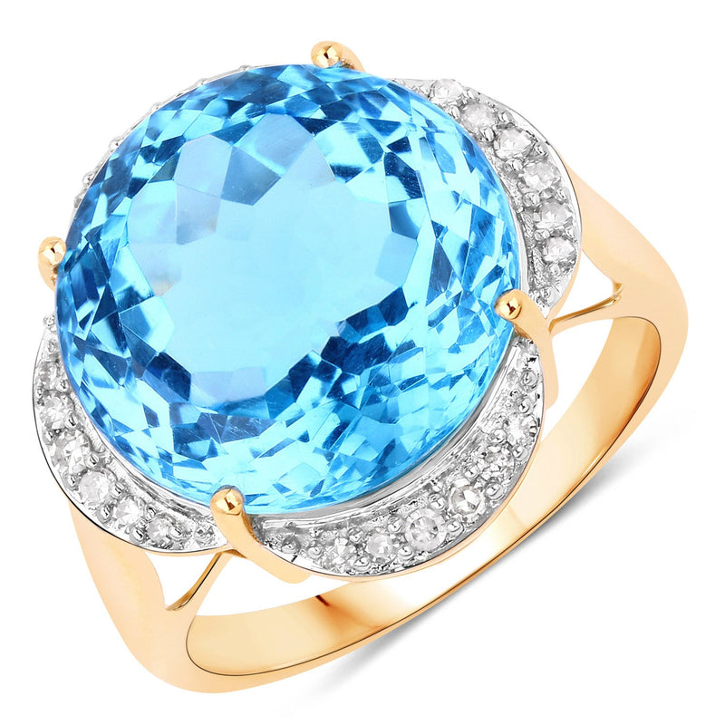 Bids.com 12.69 Carat Genuine Swiss Blue Topaz and White Diamond 14K Yellow Gold Ring Rings