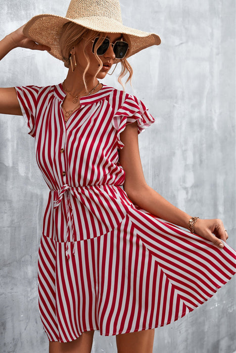 Ruffled Striped Cap Sleeve Mini Dress in Deep Red