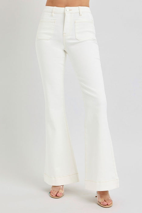 Full Size High Rise Front Patch Pocket Flare Jeans