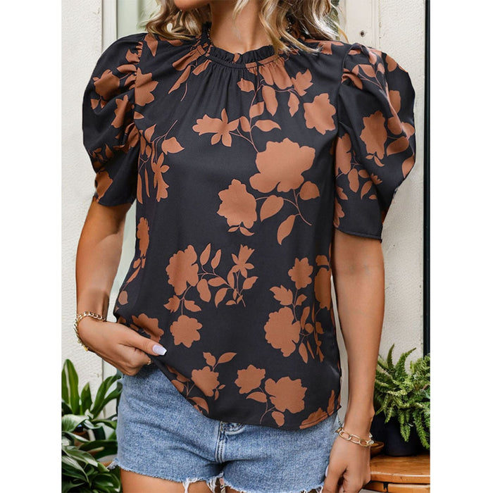 Frill Printed Round Neck Puff Sleeve Blouse