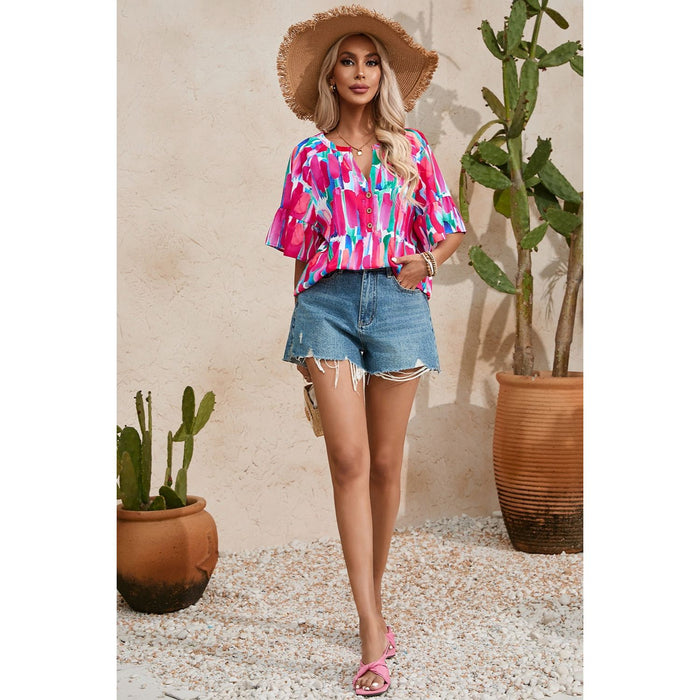 Printed Notched Half Sleeve Blouse