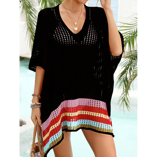 Slit Openwork V-Neck Half Sleeve Cover-Up