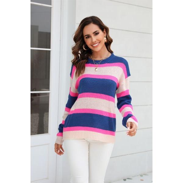 Color Block Round Neck Dropped Shoulder Sweater