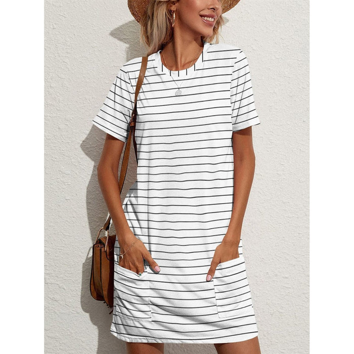 Pocketed Striped Round Neck Short Sleeve Dress