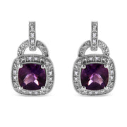 Bids.com .925 Sterling Silver 8MM Natural Cushion Shaped Amethyst and Diamond Accent Halo with Push Back Dangle Earrings (I-J Color, I2-I3 Clarity) Earrings