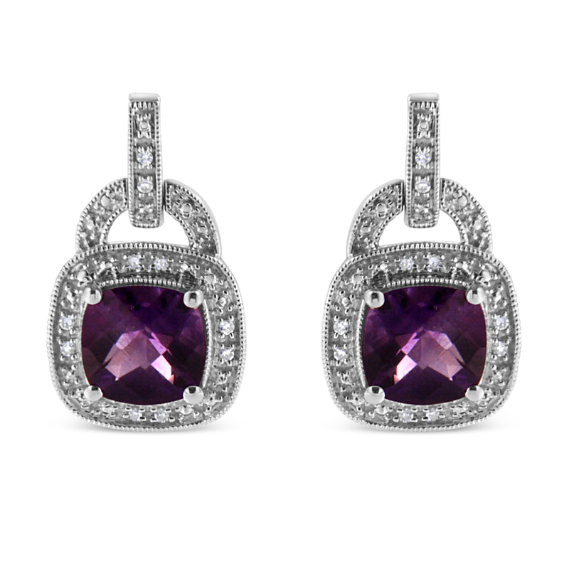 Bids.com .925 Sterling Silver 8MM Natural Cushion Shaped Amethyst and Diamond Accent Halo with Push Back Dangle Earrings (I-J Color, I2-I3 Clarity) Earrings