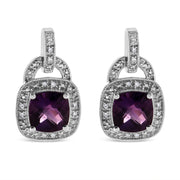 Bids.com .925 Sterling Silver 8MM Natural Cushion Shaped Amethyst and Diamond Accent Halo with Push Back Dangle Earrings (I-J Color, I2-I3 Clarity) Earrings
