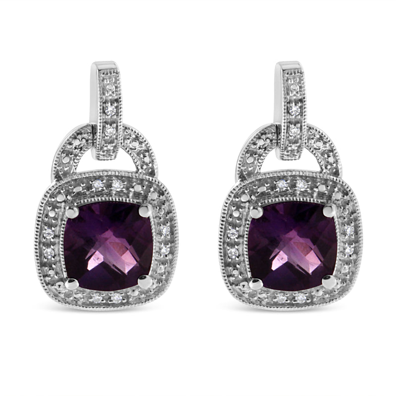 Bids.com .925 Sterling Silver 8MM Natural Cushion Shaped Amethyst and Diamond Accent Halo with Push Back Dangle Earrings (I-J Color, I2-I3 Clarity) Earrings