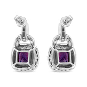 Bids.com .925 Sterling Silver 8MM Natural Cushion Shaped Amethyst and Diamond Accent Halo with Push Back Dangle Earrings (I-J Color, I2-I3 Clarity) Earrings