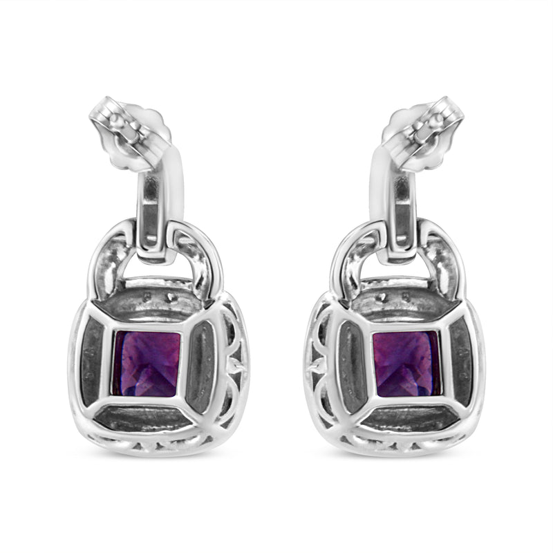Bids.com .925 Sterling Silver 8MM Natural Cushion Shaped Amethyst and Diamond Accent Halo with Push Back Dangle Earrings (I-J Color, I2-I3 Clarity) Earrings