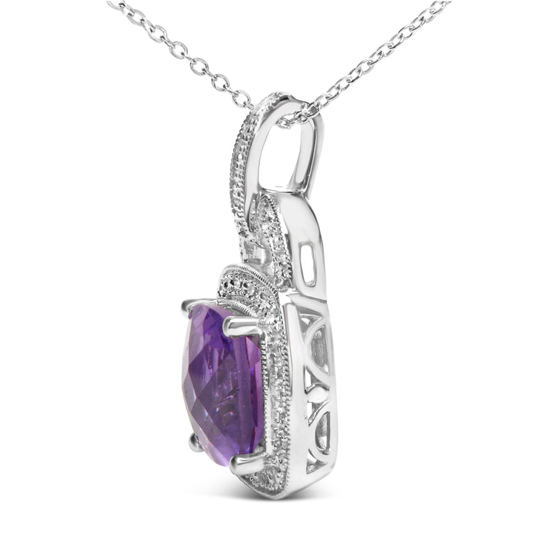 Bids.com .925 Sterling Silver 10X10 MM Cushion Purple Amethyst and Diamond Accent Halo 18" Pendant Necklace (I-J Color, I1-I2 Clarity) Necklaces