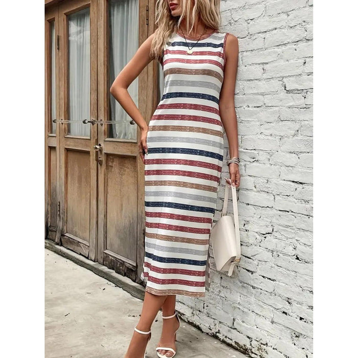 Slit Printed Round Neck Sleeveless Dress